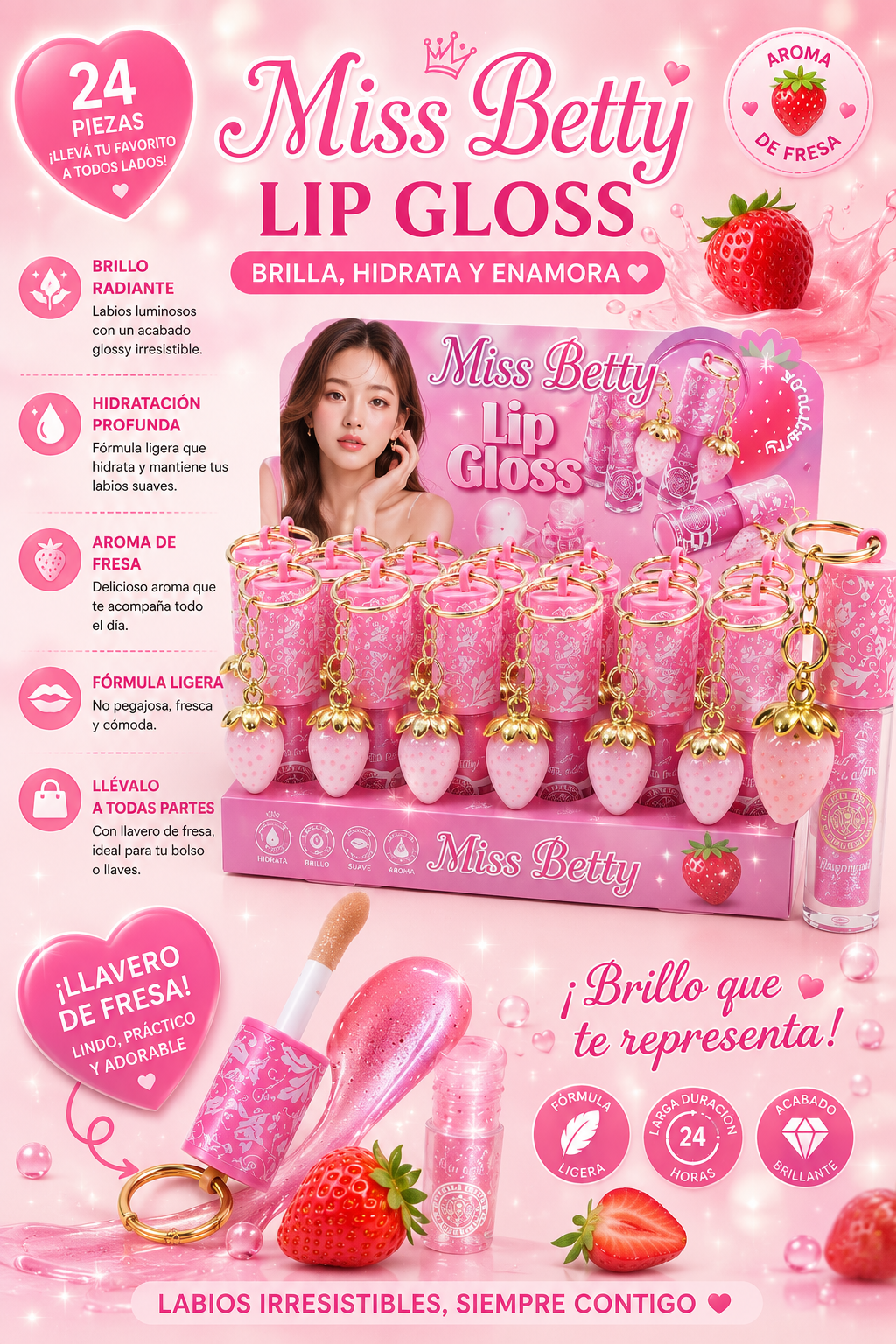 Lip Gloss de Fresa con Llavero