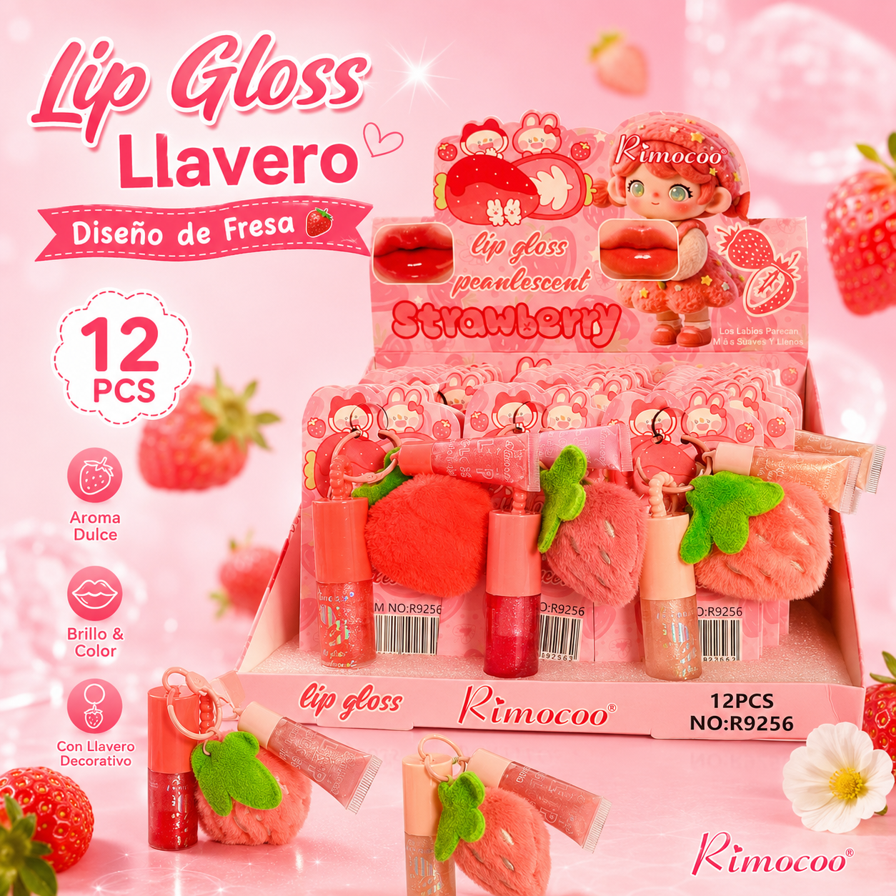 Lip Gloss de Fresa con Llavero Decorativo
