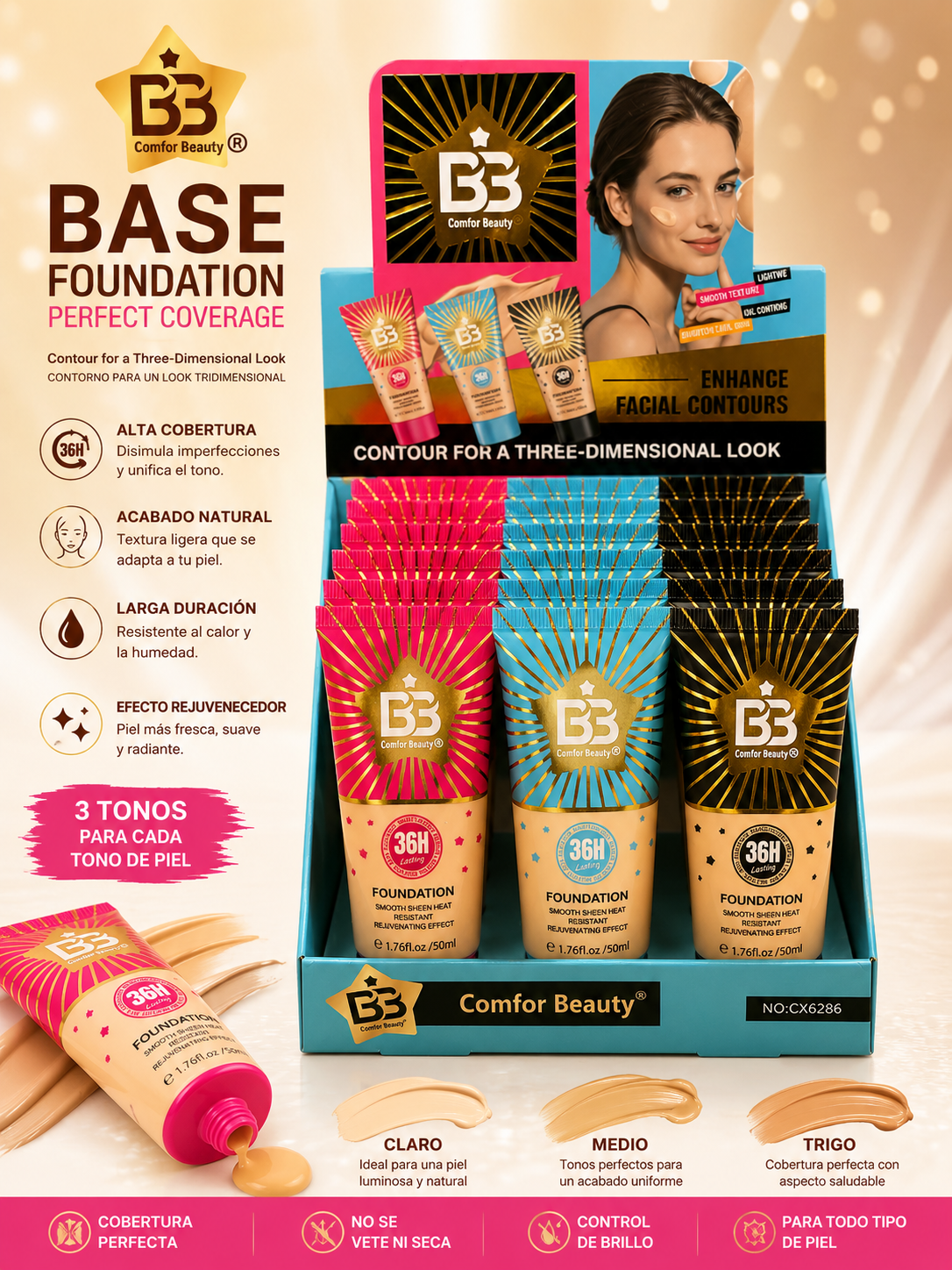 Base Líquida de Alta Cobertura Comfor Beauty – Tonos Surtidos