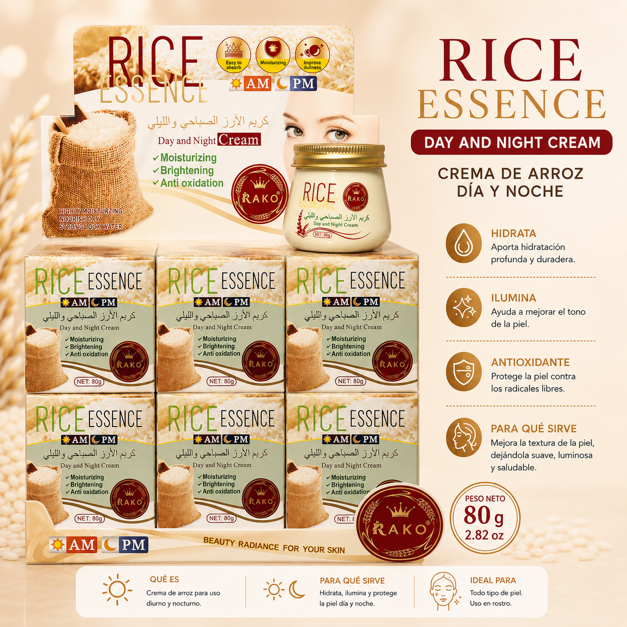 Crema Facial de Arroz Día y Noche RAKO – Rice Essence Day & Night Cream 80 g