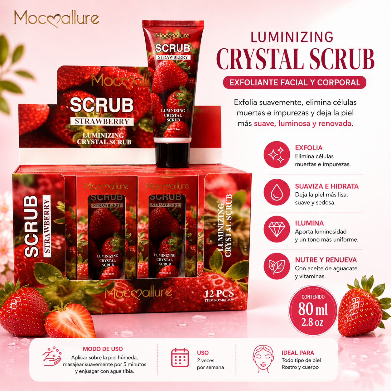 Exfoliante Facial y Corporal de Fresa Mocallure – Luminizing Crystal Scrub 80 ml