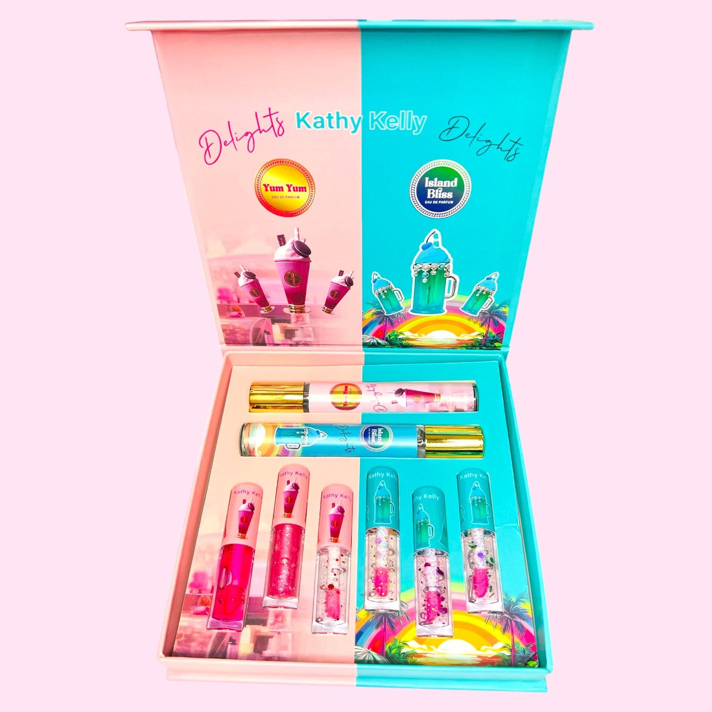 Set de Belleza Gloss + Perfume + Iluminador Rosa y verde