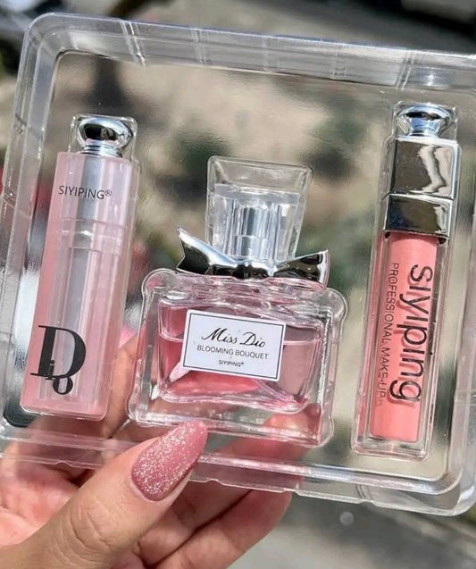 Set de Perfume, Labial Líquido y Bálsamo Labial