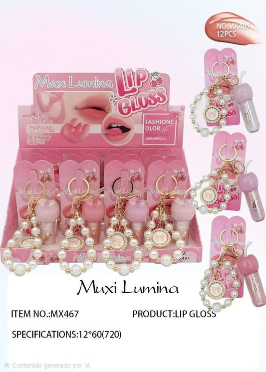 Lip Gloss con Llavero de Perlas y Charm – Brillo Hidratante para Labios
