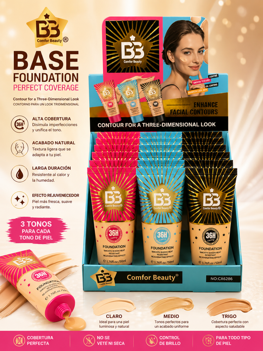 Base Líquida de Alta Cobertura Comfor Beauty – Tonos Surtidos