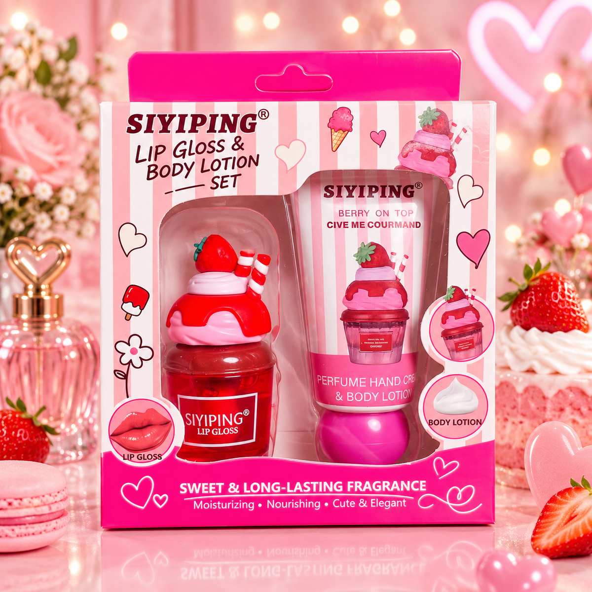 Set de Lip Gloss + Crema para Manos Perfumada Siyiping