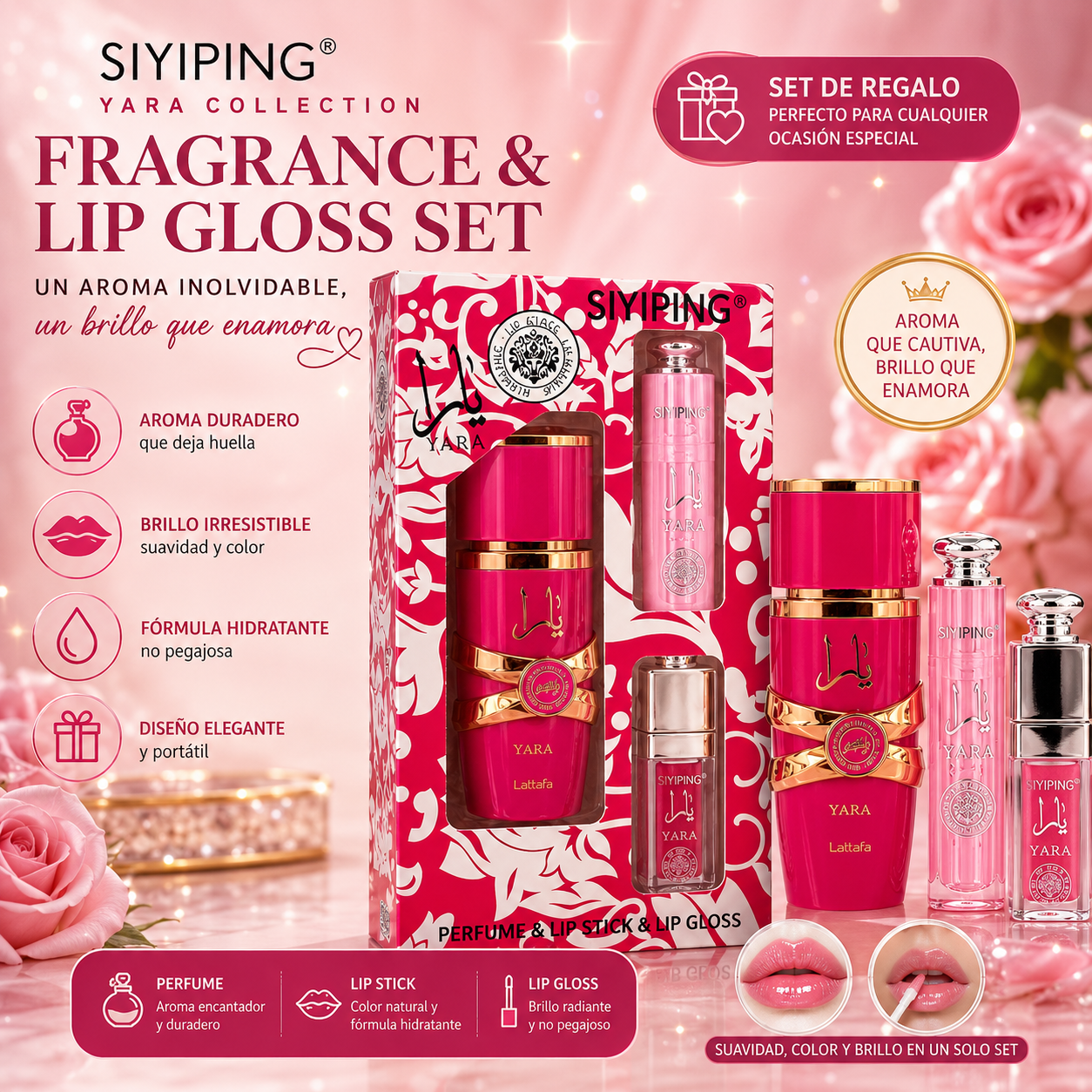 Set Perfume 30ml Yara Candy + Lipstick & Lip Gloss