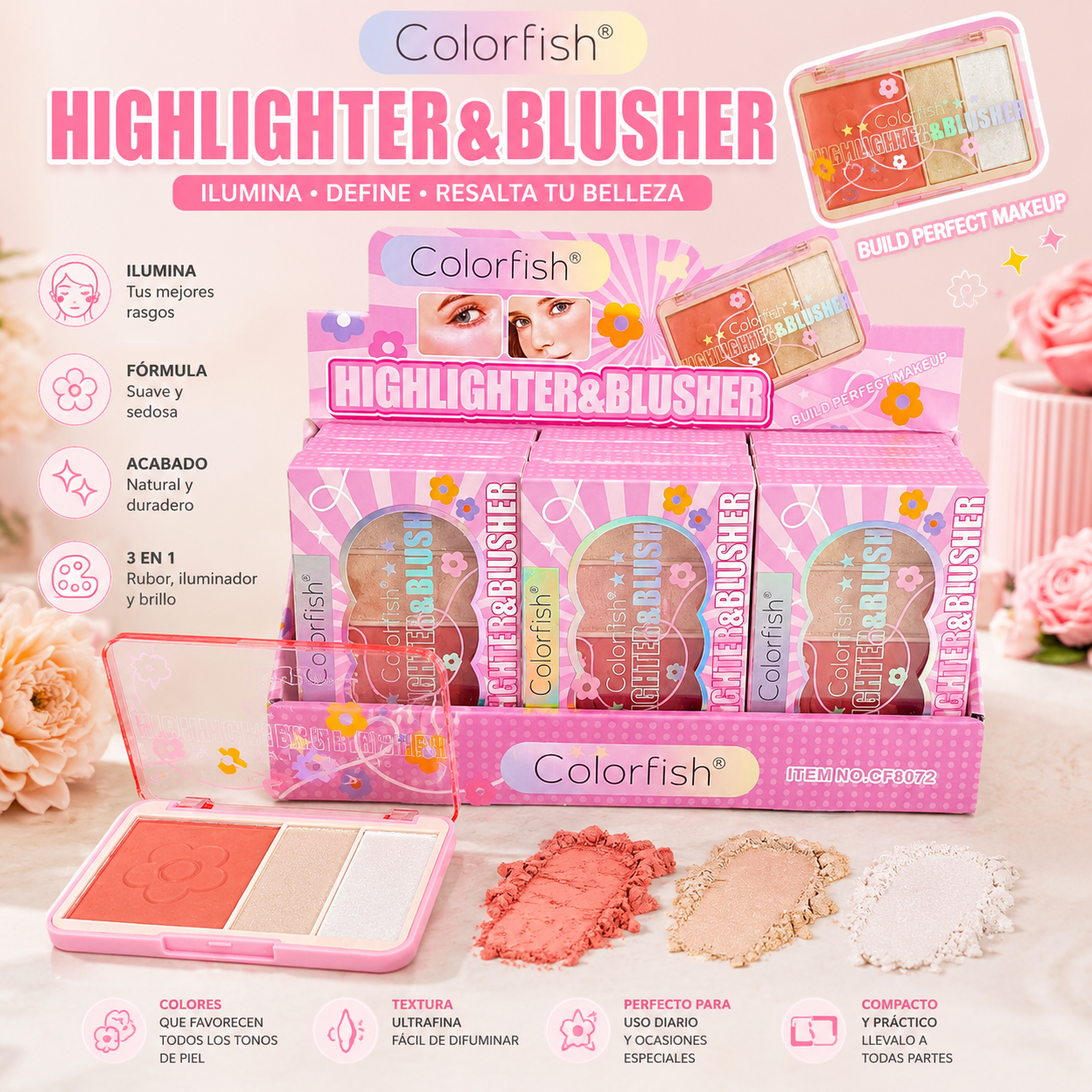 Paleta 3 en 1 de Rubor e Iluminadores Colorfish