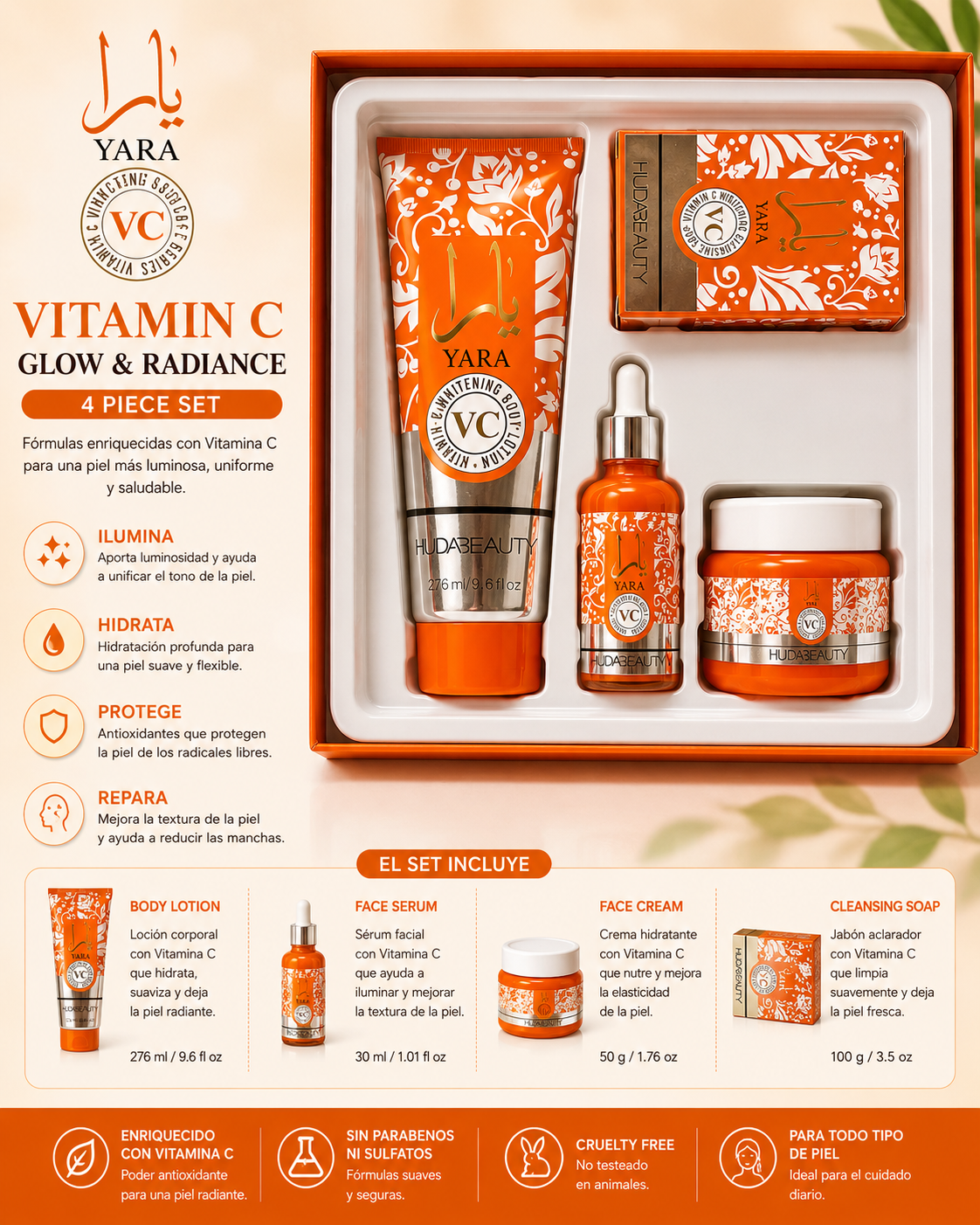 Set skincare Yara Completo Hidratación y Luminosidad 4 Piezas