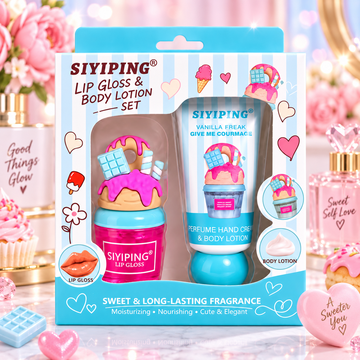 Set de Lip Gloss + Crema para Manos Perfumada Siyiping