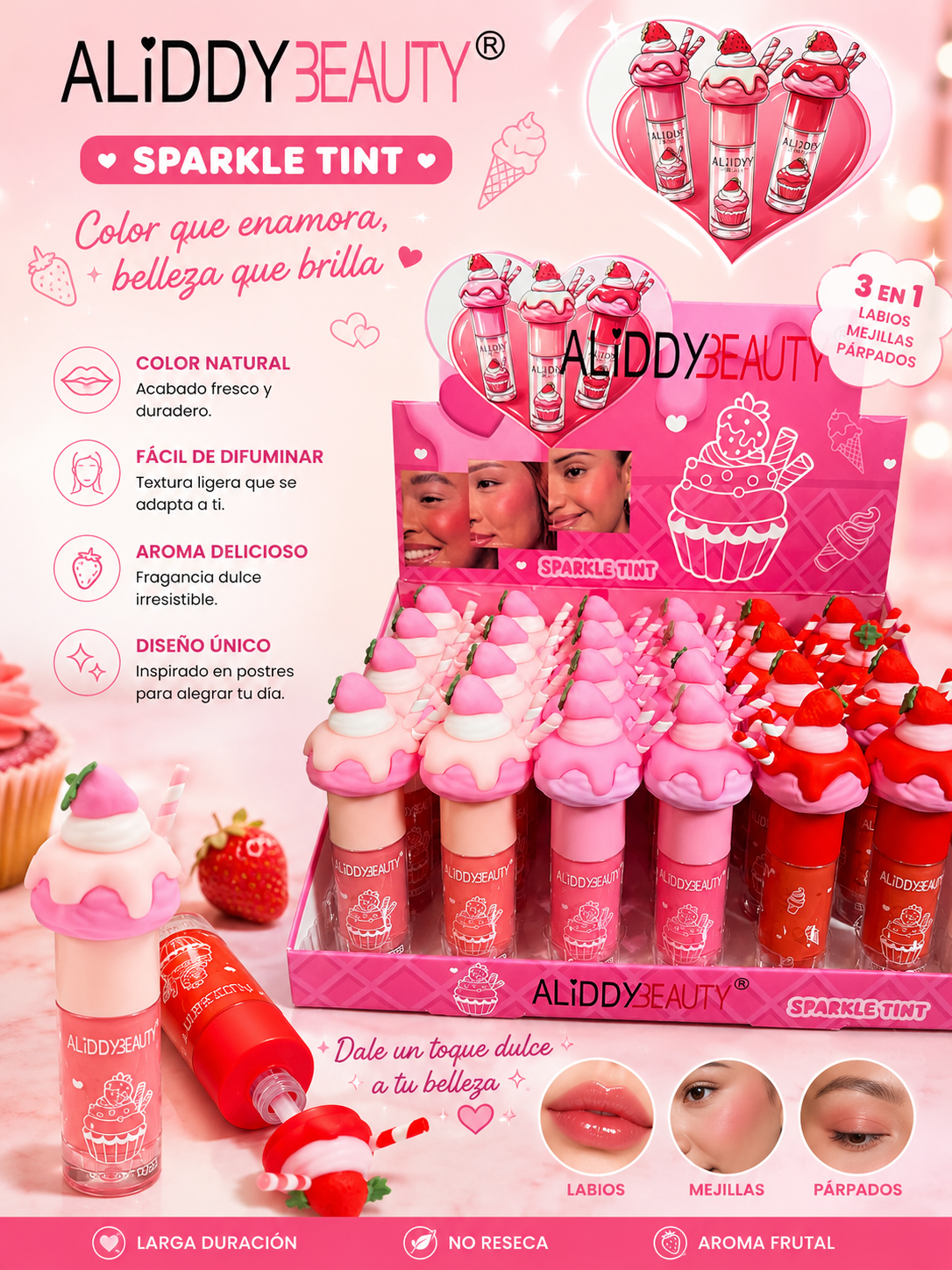 Tinte Multifuncional Sparkle Tint 3 en 1 – Labios, Mejillas y Párpados