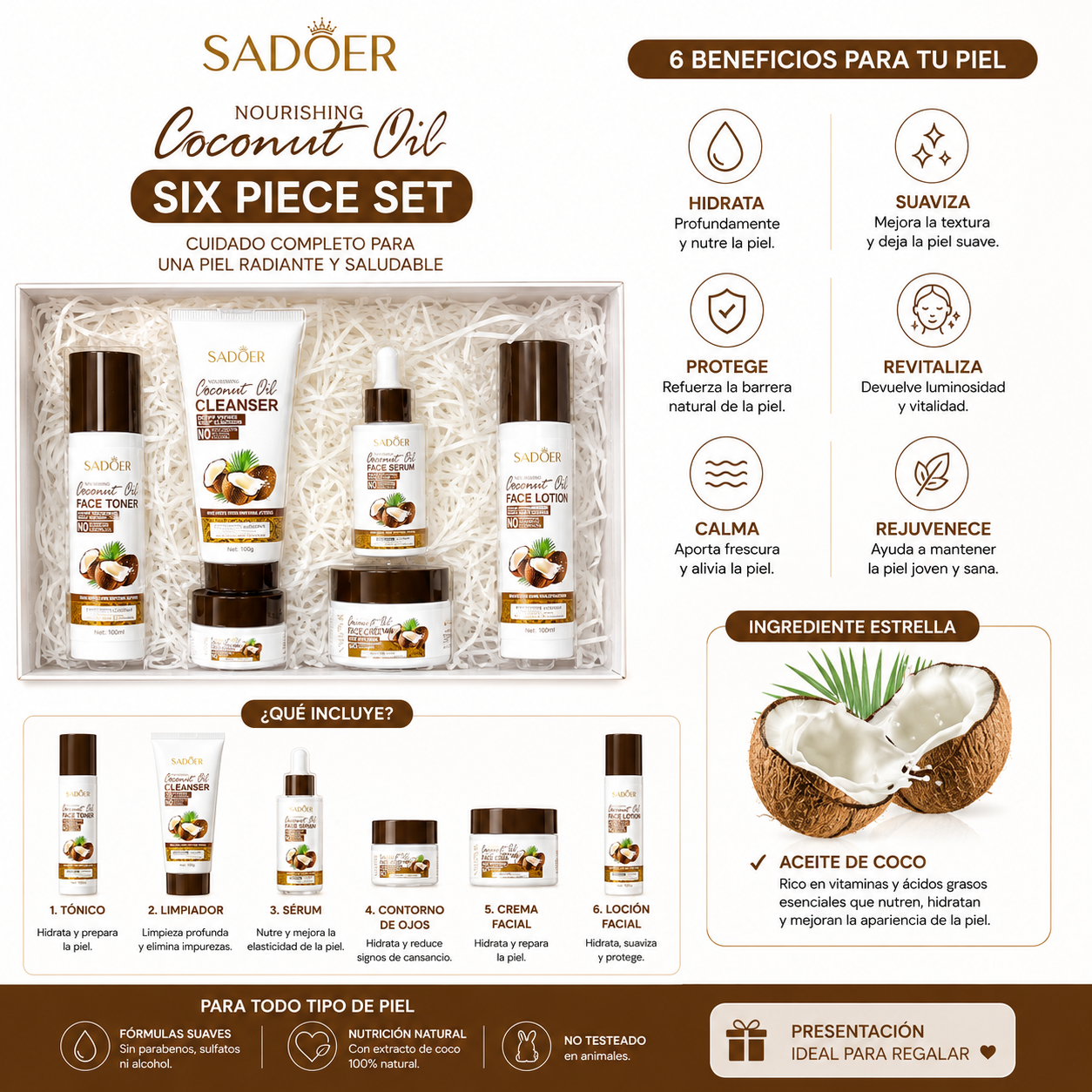 Set skincare de Aceite de Coco 6 Piezas – Hidratación Profunda y Nutrición