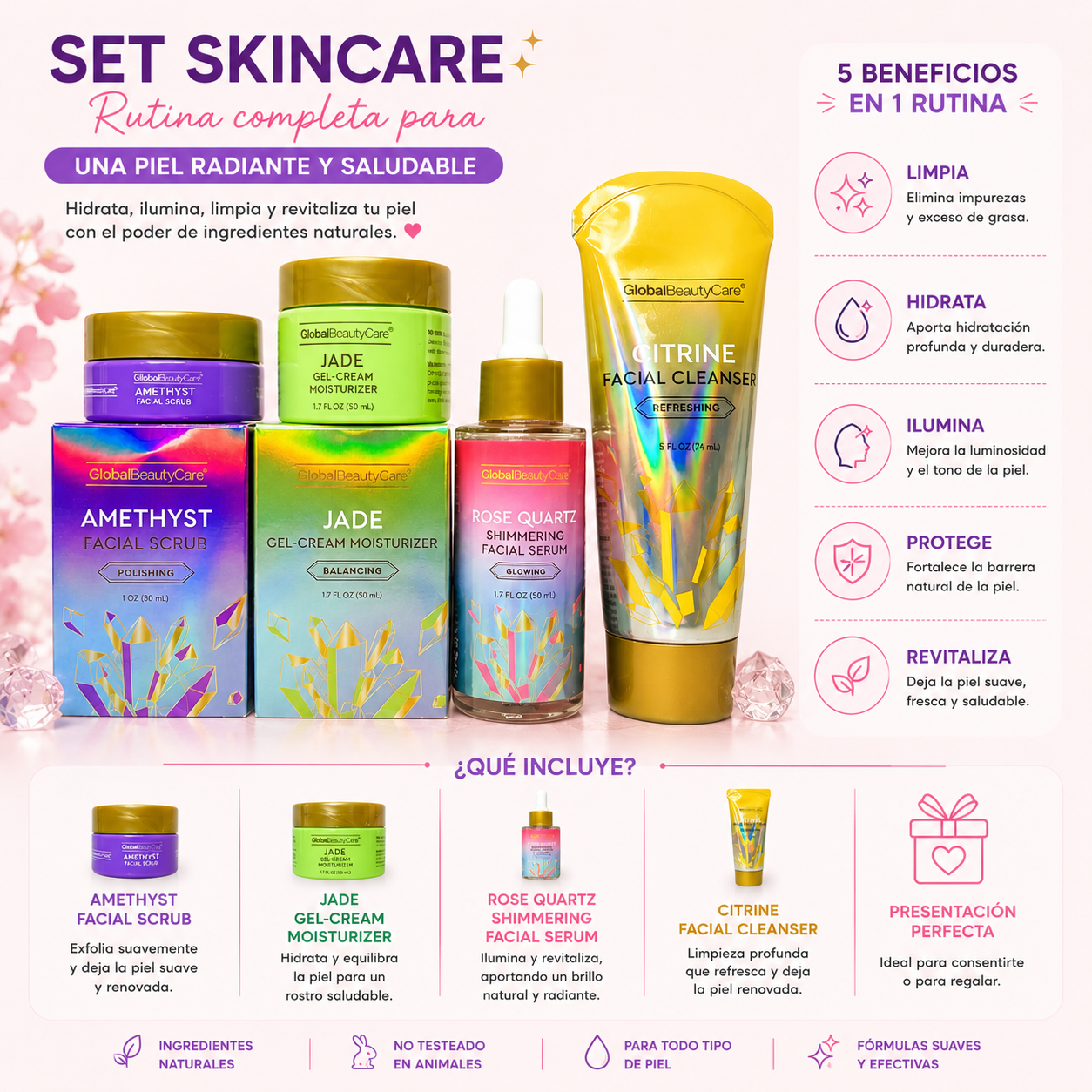 Set Completo de Skincare Facial piedras preciosas